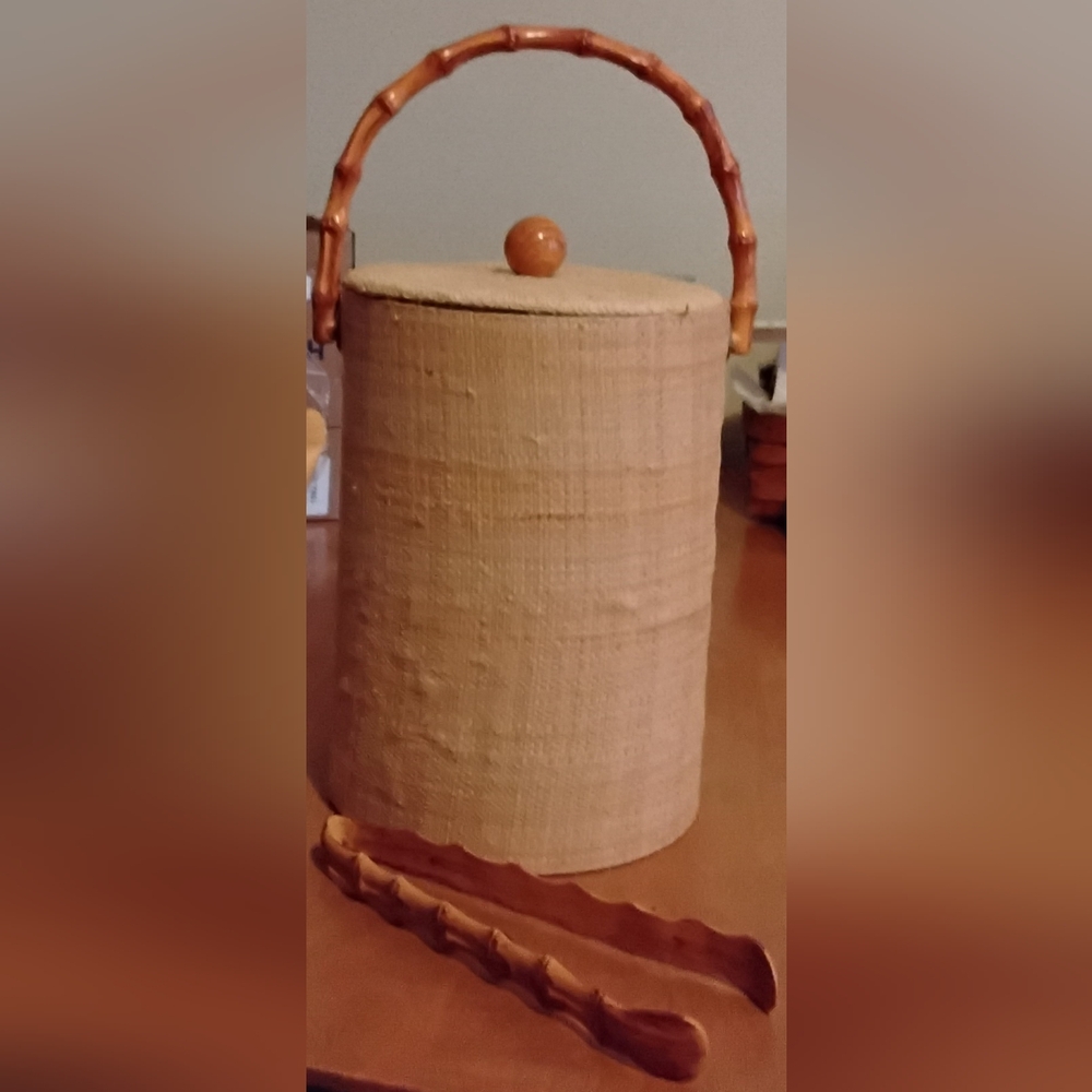 Vintage Grasscloth And Bamboo Ice Bucket with Tongs. Seen For $169 On Charish.